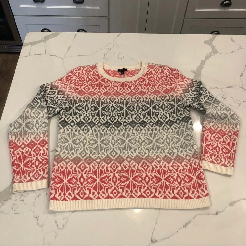 Talbots Petites M Grey Orange Faire Isle Lambswool Blend Ski Sweater Granny core
